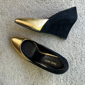 Gold and Black Nine West Wedges